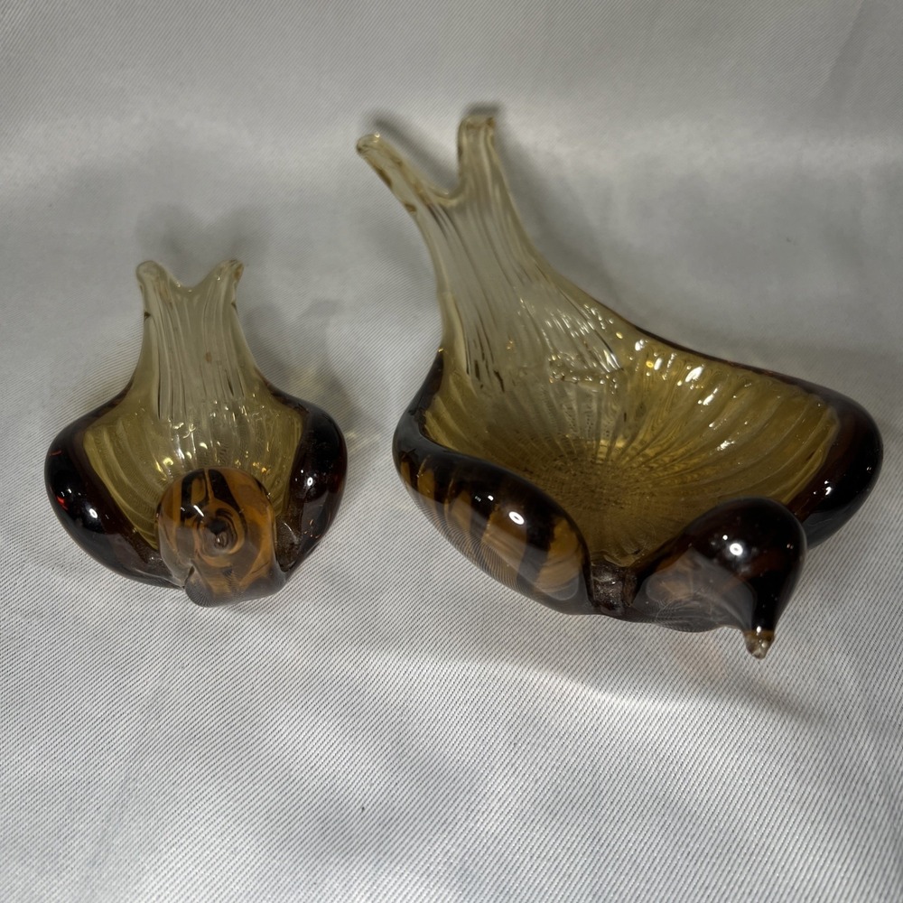 Stunning 5" & 8" Amber Bird Art Glass Figurine Candy Dish 2 Pieces Set